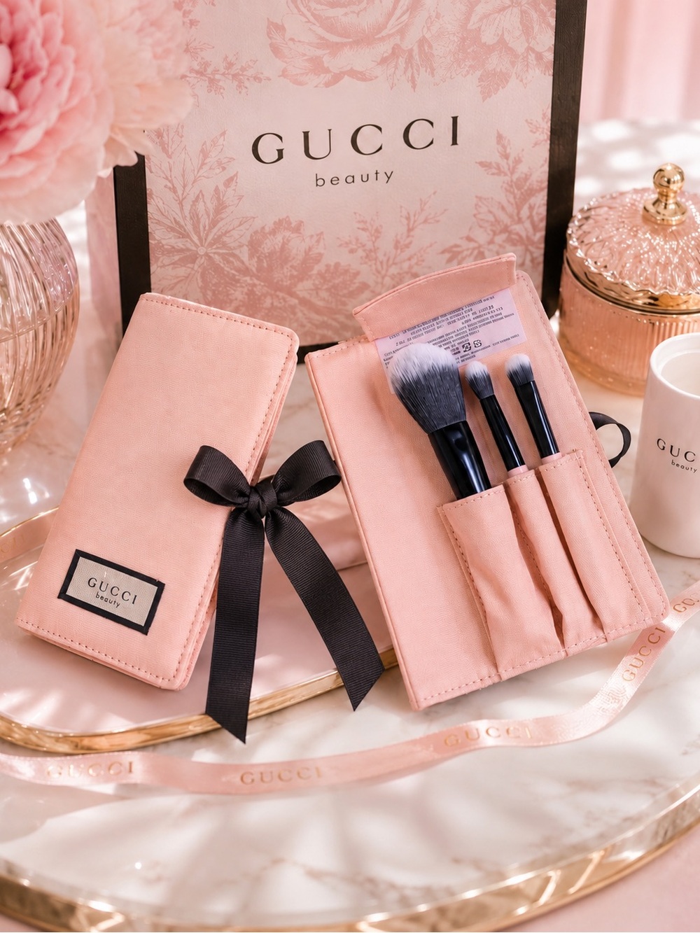 Gucci Beauty Mini Makeup Brush Travel Set – Pink-Blush Case & Black Bow 🎀